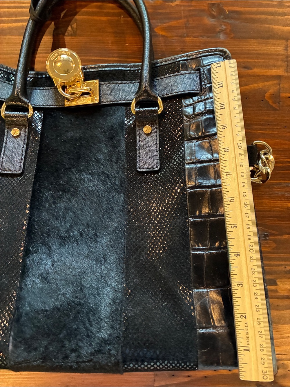Michael Kors Black Mixed-Texture Shoulder Bag with Gold Hardware - Picture 13 of 13